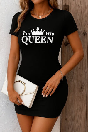 Kadın Kısa Kollu Queen Baskı Iki Iplik Mini Elbise , 26743