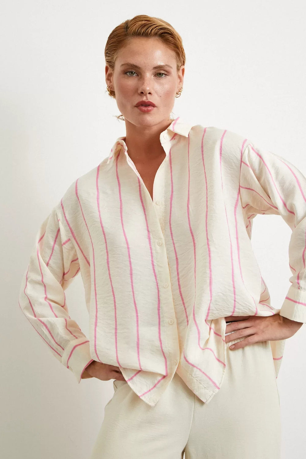 Çizgili Modal Gömlek - Pembe - Pembe - L
