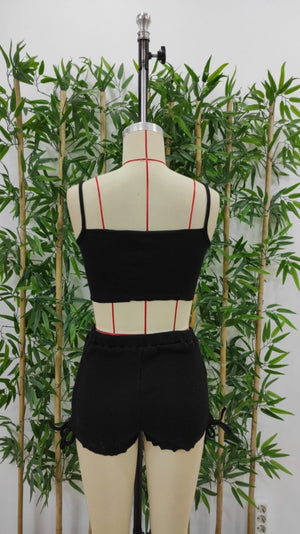 Kadın Ip Askılı Crop Bluz Ve Yanlardan Büzgülü Ikili Kaşkorse Short Takım, 17812