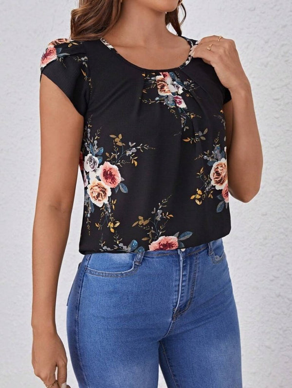 Bluză Supreme pentru femei, cu mânecă scurtă, guler rotund, imprimeu floral, 26659