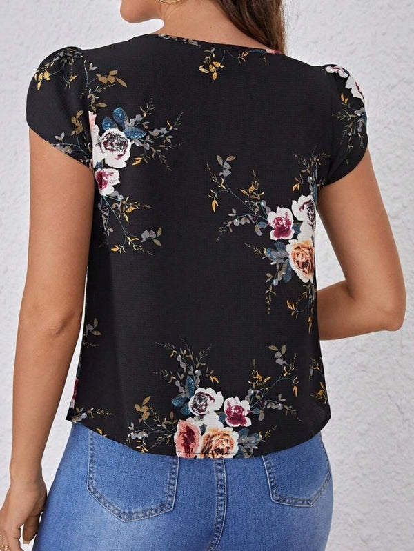 Bluză Supreme pentru femei, cu mânecă scurtă, guler rotund, imprimeu floral, 26659