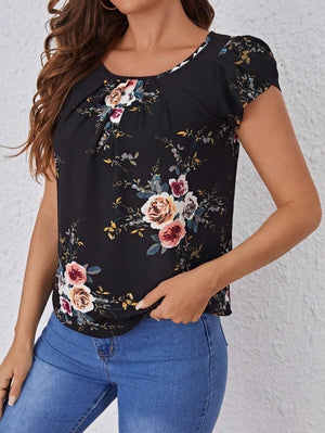 Bluză Supreme pentru femei, cu mânecă scurtă, guler rotund, imprimeu floral, 26659