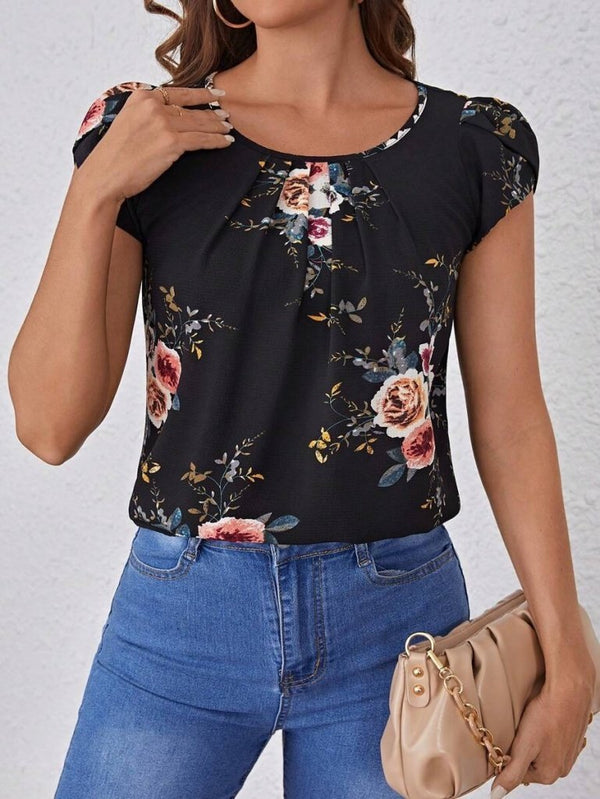 Bluză Supreme pentru femei, cu mânecă scurtă, guler rotund, imprimeu floral, 26659