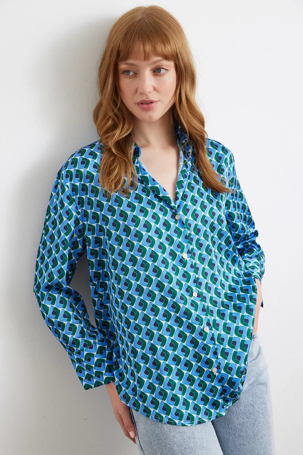 Geometrik Desenli Saten Gömlek - Mavi - Mavi - L