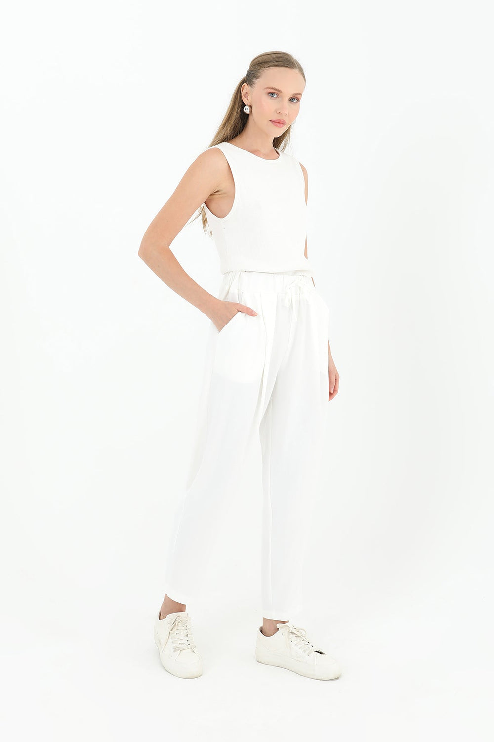 Kadın Beli Bağlamalı Havuç Form Pantolon - 18102PNT - ECRU