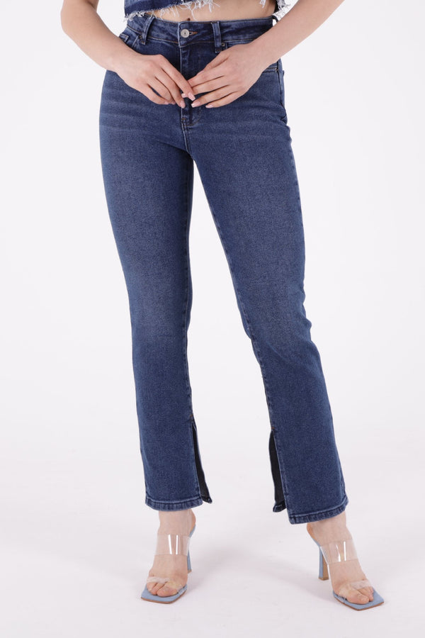 Yırtmaç Detaylı Düz Jean - Koyu Mavi Kot - (26-31) - 2