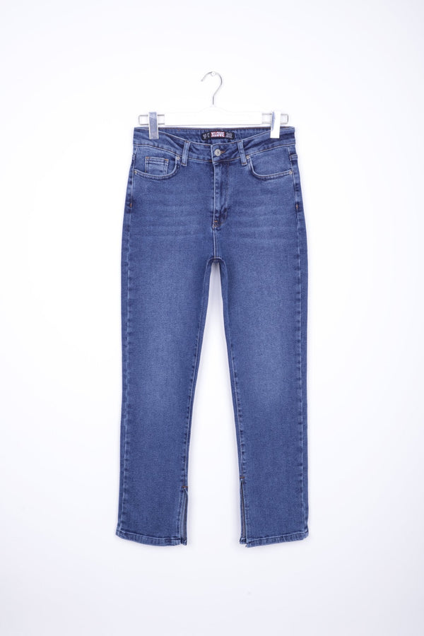 Yırtmaç Detaylı Düz Jean - Koyu Mavi Kot - (26-31) - 5