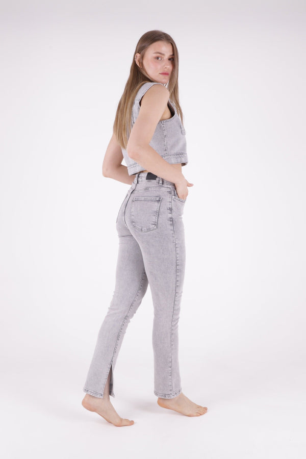 Yırtmaç Detaylı Düz Jean - Açık Gri Kar Yıkama - (26-31) - 3