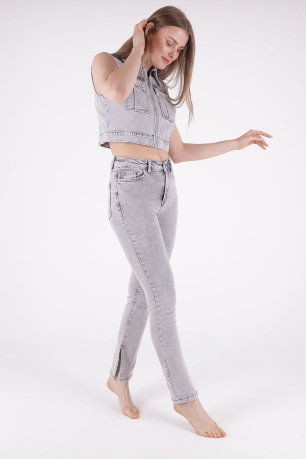 Yırtmaç Detaylı Düz Jean - Açık Gri Kar Yıkama - (26-31) - 4