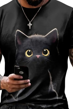 Erkek Bisiklet Yaka Kedi Baskılı Süprem T-shirt , 18566