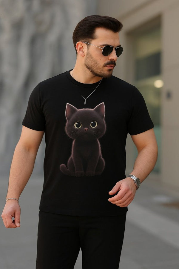 Erkek Bisiklet Yaka Kedi Baskılı Süprem T-shirt , 18566