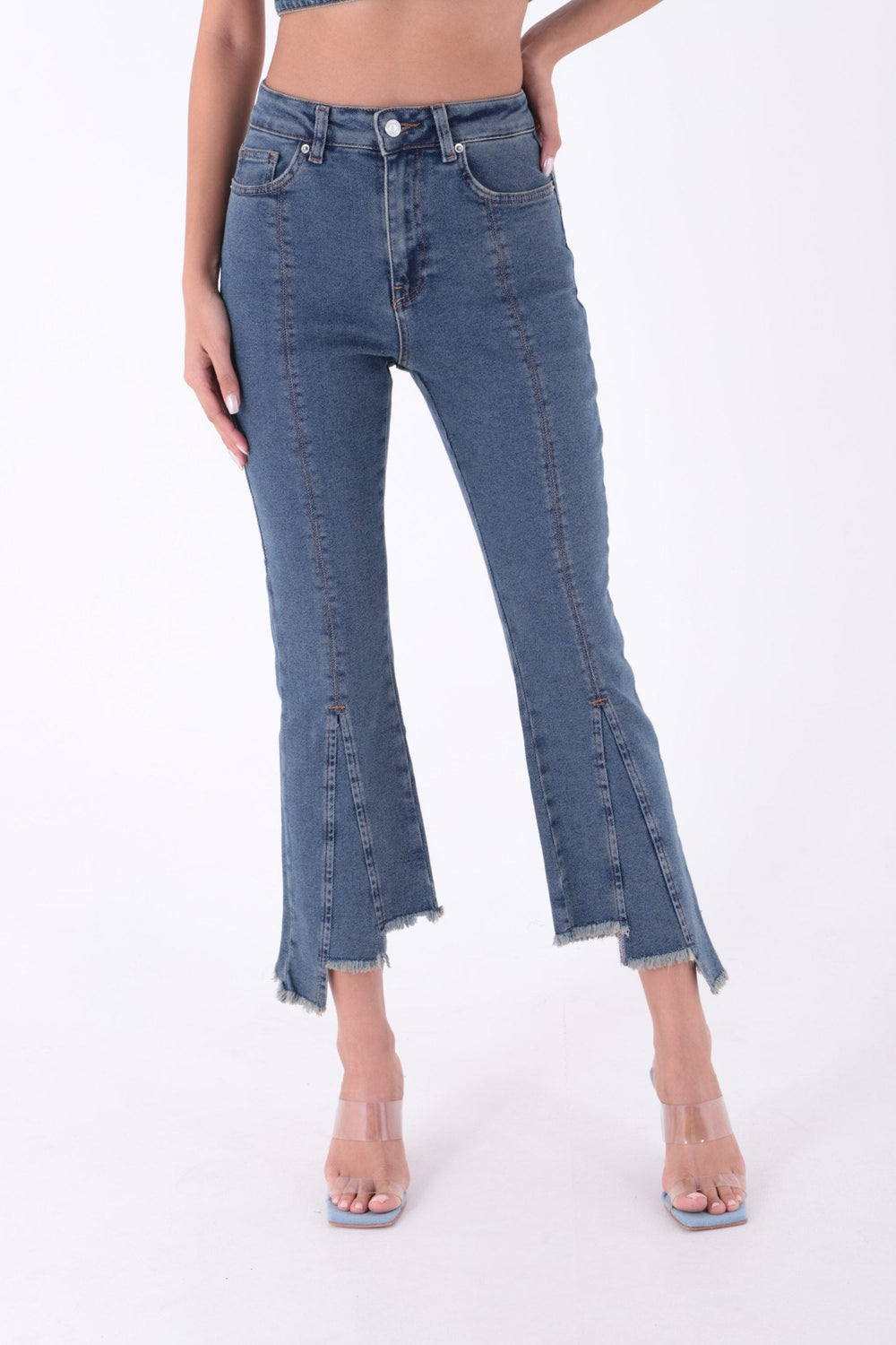 Püsküllü Parçalı Kot Pantolon Orta Mavi ve Tintli