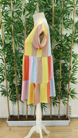Kadın Kısa Kollu V Yakalı şerit Desenli Süprem Elbise , 18721