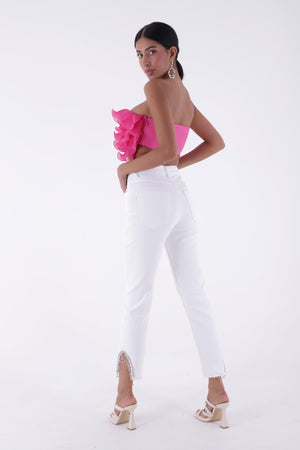 Taşlı Asimetrik Paça Pantolon - Beyaz - (26-31) - 3