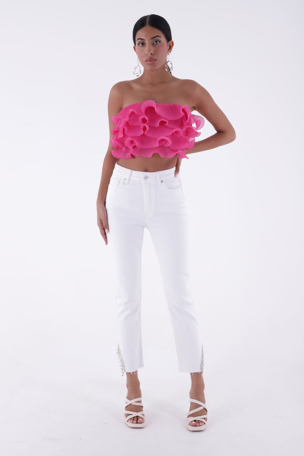 Taşlı Asimetrik Paça Pantolon Beyaz