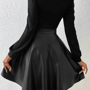 Rochie mini pentru femei cu mânecă lungă, decolteu pătrat, cu partea de sus din viscoză și partea de jos din piele, 32931