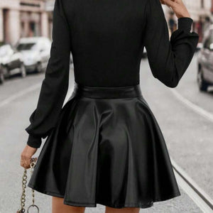 Rochie mini pentru femei cu mânecă lungă, decolteu pătrat, cu partea de sus din viscoză și partea de jos din piele, 32931