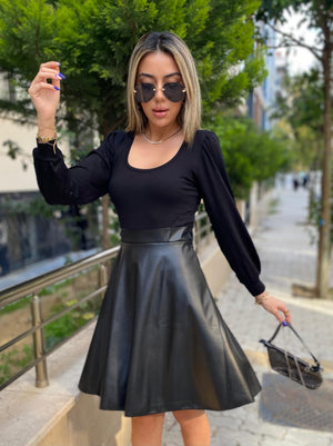 Rochie mini pentru femei cu mânecă lungă, decolteu pătrat, cu partea de sus din viscoză și partea de jos din piele, 32931