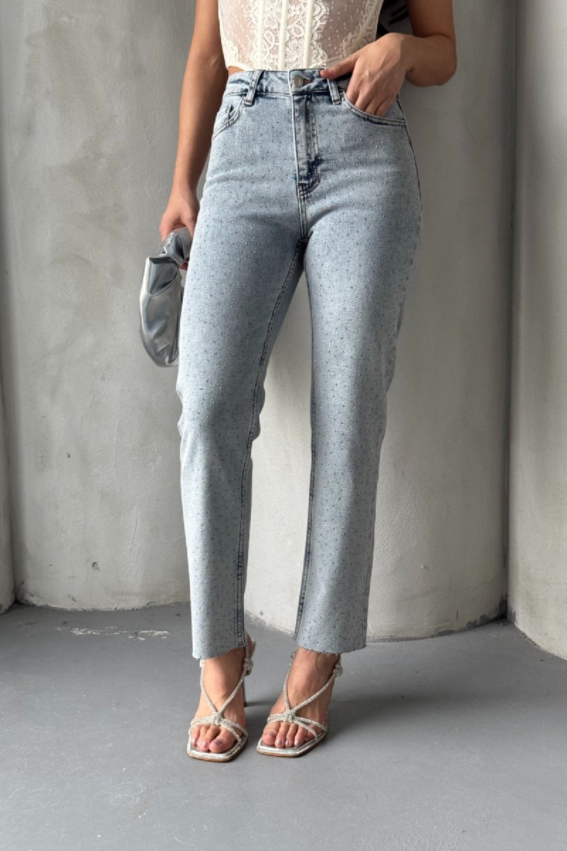 Serpme Yıldızlı Mom Fit Kot Pantolon 7040 Kar Yıkama Açık Mavi