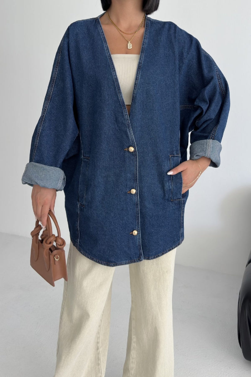 Oversıze Yarasa Kollu Kot Ceket 6059 Düz Koyu Rins