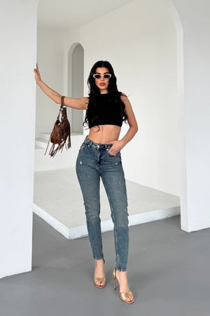 Tık Likra Kot Pantolon 7036 Koyu Mavi Kar Yıkama Tintli