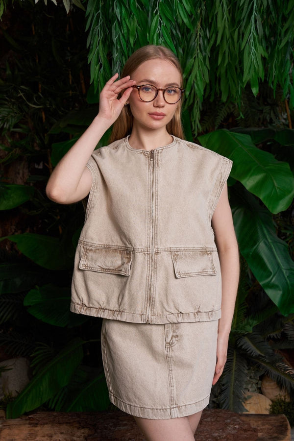 Fermuarlı Oversize Kot Yelek 6073 Açık Kahve