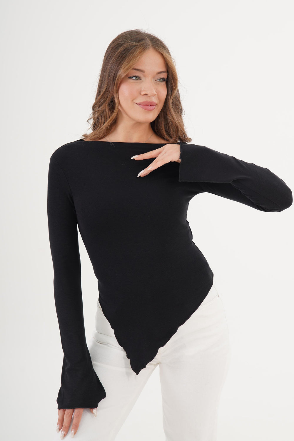 Asimetrik Kesim Toptan Siyah Basic Bluz Siyah S