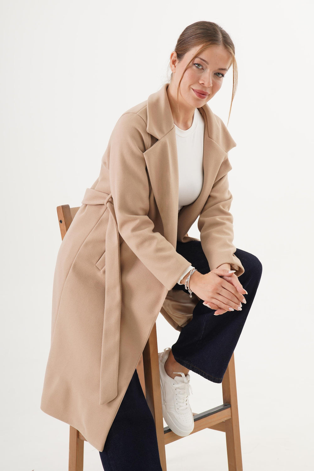 Beli Kuşaklı Astarlı Toptan Camel Kaşe Kaban Camel S