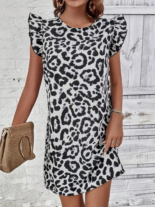 Rochie mini micro fără mâneci, cu mâneci scurte, cu volane, cu legături la spate, cu imprimeu leopard, 26133