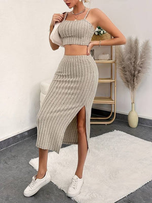 Kadın Kolsuz Askılı Crop Yırtmaçlı Midi Etek Fitilli Kaşkorse Takım, 25437