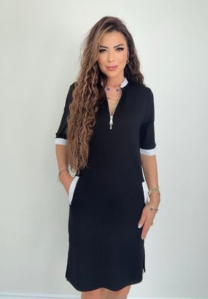 Rochie de damă din viscoză cu mânecă scurtă, fermoar, buzunare și crăpături laterale, 27160