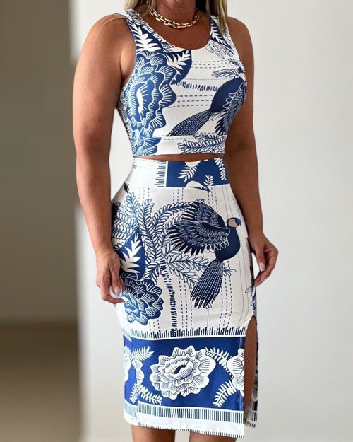 Set de două piese pentru femei, cu top scurt, fără mâneci, cu model floral, și fustă cu crăpături, 26239