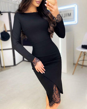 Rochie de damă Scuba cu mânecă lungă, guler rotund, dantelă frontală și crăpături, 34380