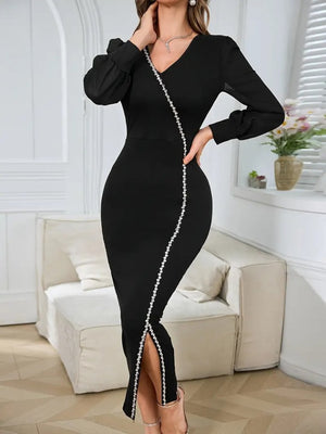 Rochie lungă din crep importat, cu mânecă lungă, decolteu în V, crăpături decorative, 32184