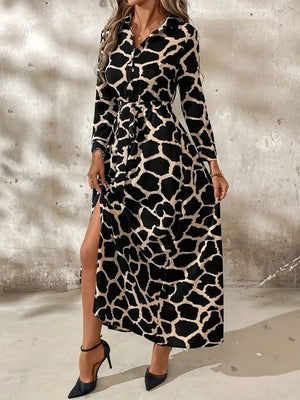 Rochie lungă Supreme pentru femei, cu mânecă lungă, guler, nasturi în față, model și curea, 30800