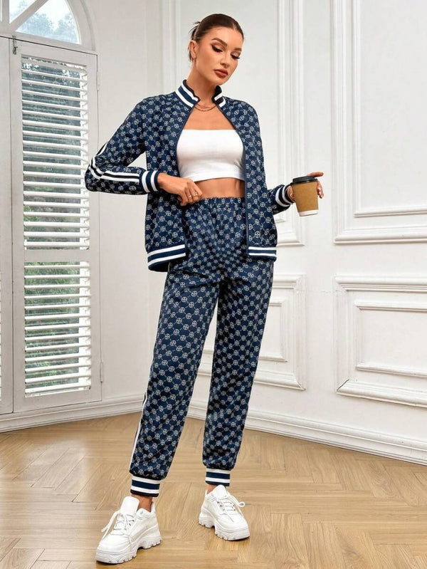 Set de două piese pentru femei, cu mânecă lungă, fermoar frontal, bluză și pantaloni, model cu două fire, 30919