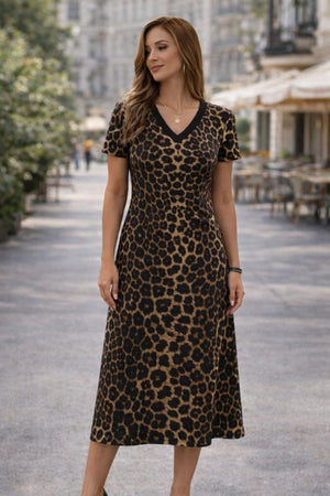Rochie scurtă Supreme pentru femei, cu mânecă scurtă, decolteu în V și imprimeu leopard, 33177