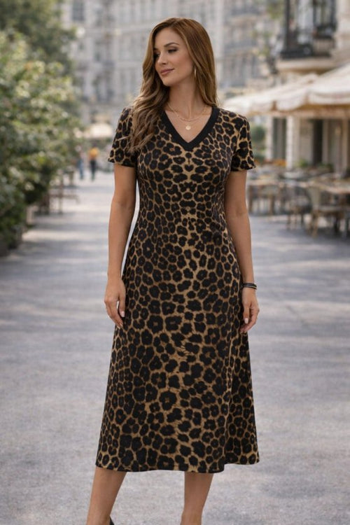 Rochie scurtă Supreme pentru femei, cu mânecă scurtă, decolteu în V și imprimeu leopard, 33177