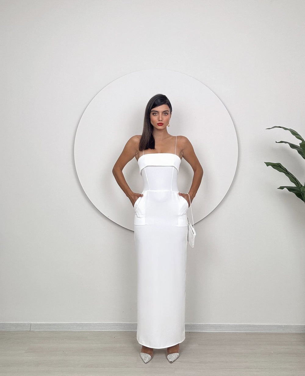 2084 STRAPLEZ CEPLİ KALEM ATLAS ELBİSE