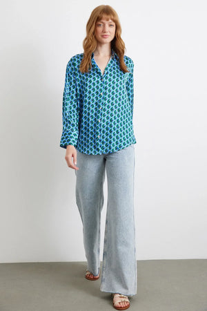 Geometrik Desenli Saten Gömlek - Mavi