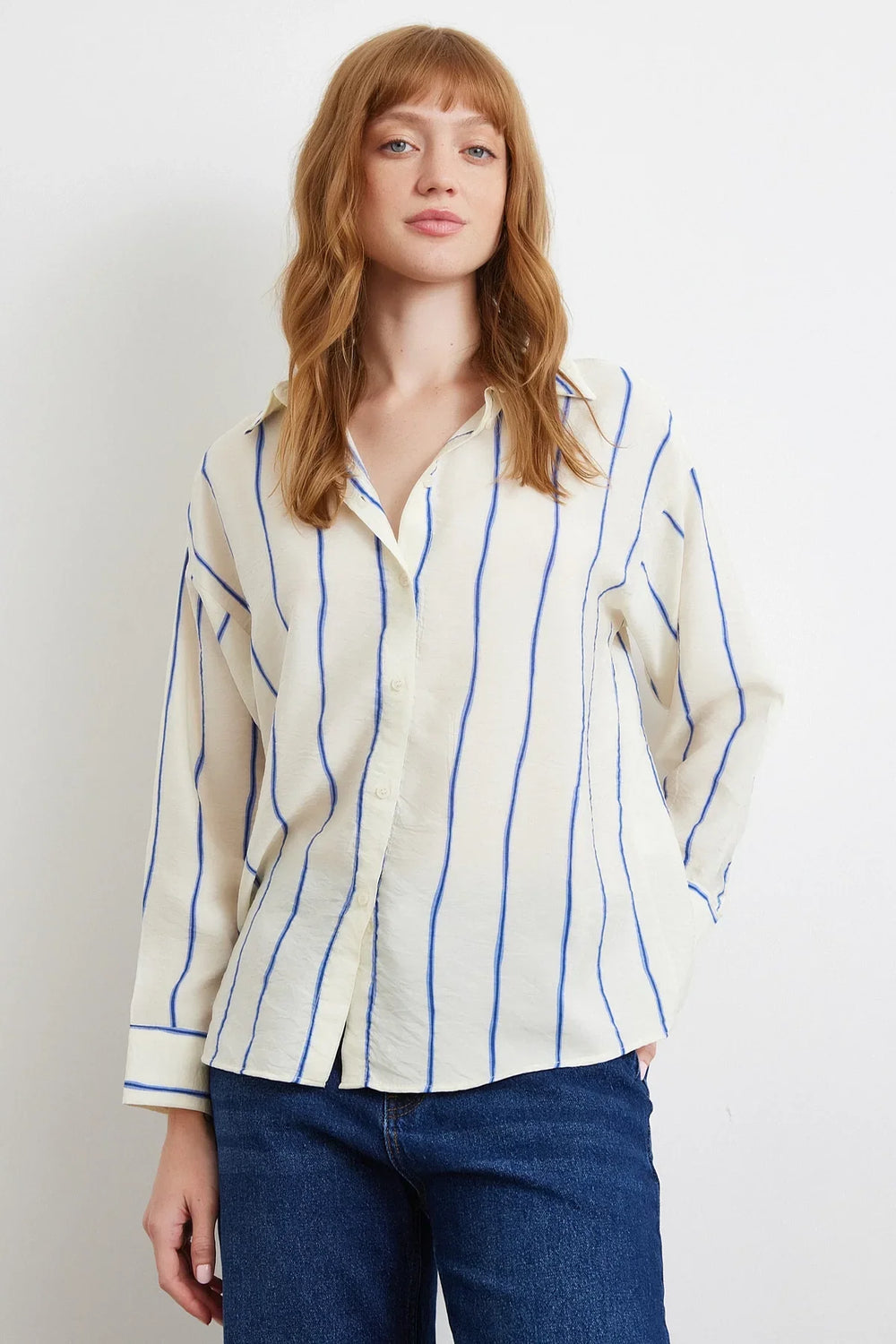 Çizgili Modal Gömlek - Saks - Saks - L