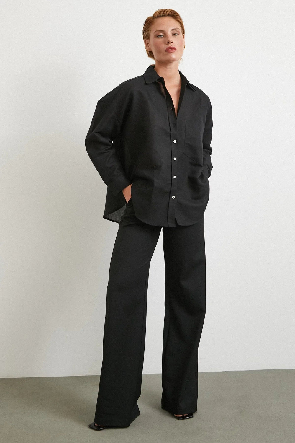 Cepli Oversize Keten Gömlek - Siyah - Siyah - L