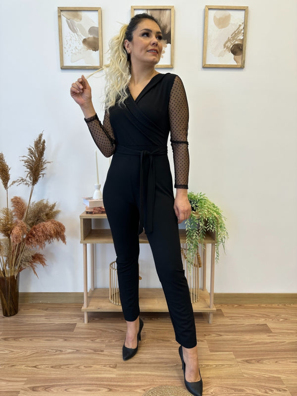 Kadın Uzun Kollu Kruvaze Yakalı Kolları Tül Detay Beli Kuşaklı Ithal Krep Tulum , 30840