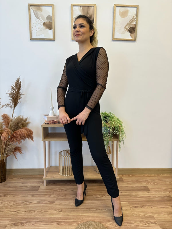Kadın Uzun Kollu Kruvaze Yakalı Kolları Tül Detay Beli Kuşaklı Ithal Krep Tulum , 30840
