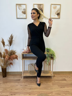 Kadın Uzun Kollu Kruvaze Yakalı Kolları Tül Detay Beli Kuşaklı Ithal Krep Tulum , 30840