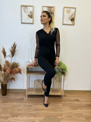 Kadın Uzun Kollu Kruvaze Yakalı Kolları Tül Detay Beli Kuşaklı Ithal Krep Tulum , 30840