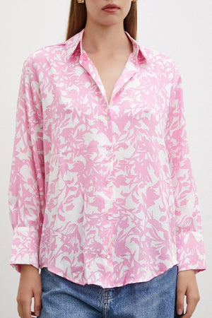 Desenli Gofret Saten Gömlek - Pembe