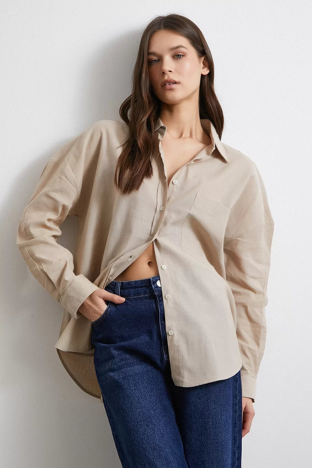 Cepli Oversize Keten Gömlek - Bej - Bej - L