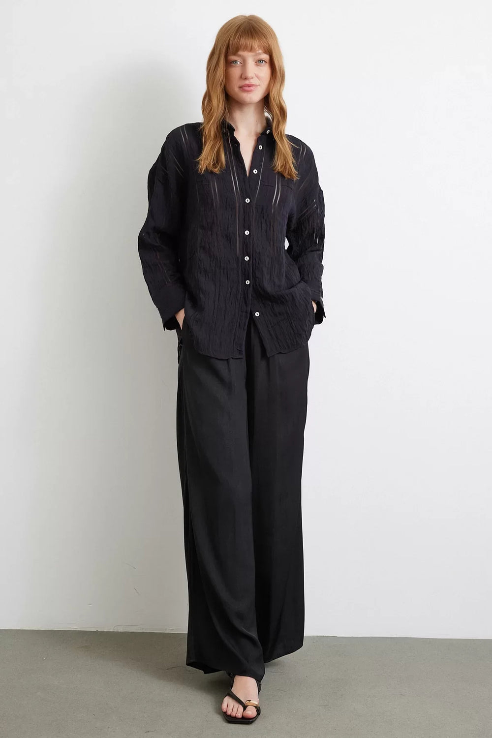 Organze Çizgili Gömlek - Siyah - Siyah - L