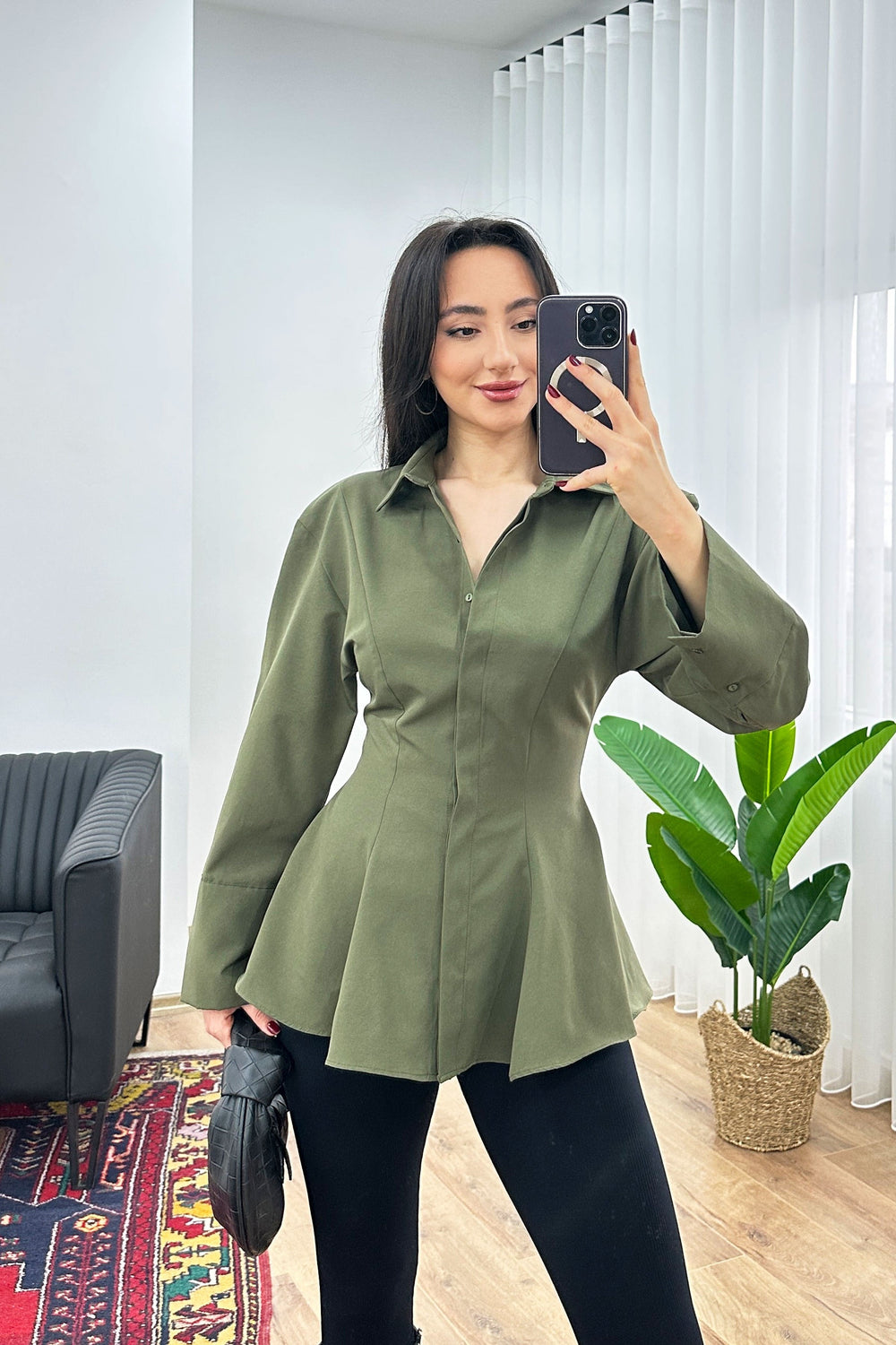 Peplum Bel Oturtmalı Poplin Haki Toptan Gömlek Haki S